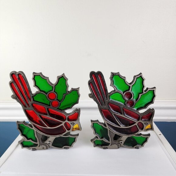 Country Store Set of Two Red Cardinal Holly Stained Glass Votive Candleholders